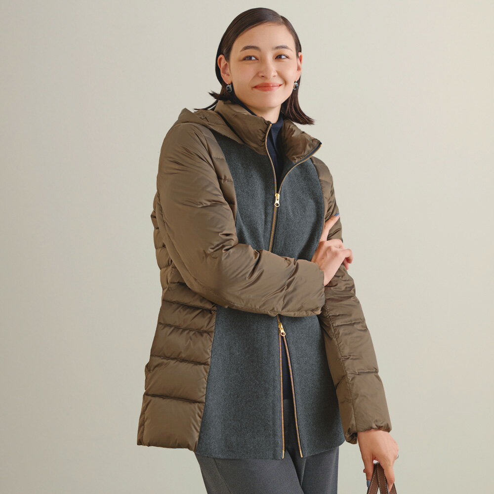 【クーポン配布 お買い物マラソン中】 タフタ×ウール切り替え フーディ ダウンジャケット ダウンコート ジャケット ダウンベスト コート 135601 ＼LINE友だち登録でクーポン／