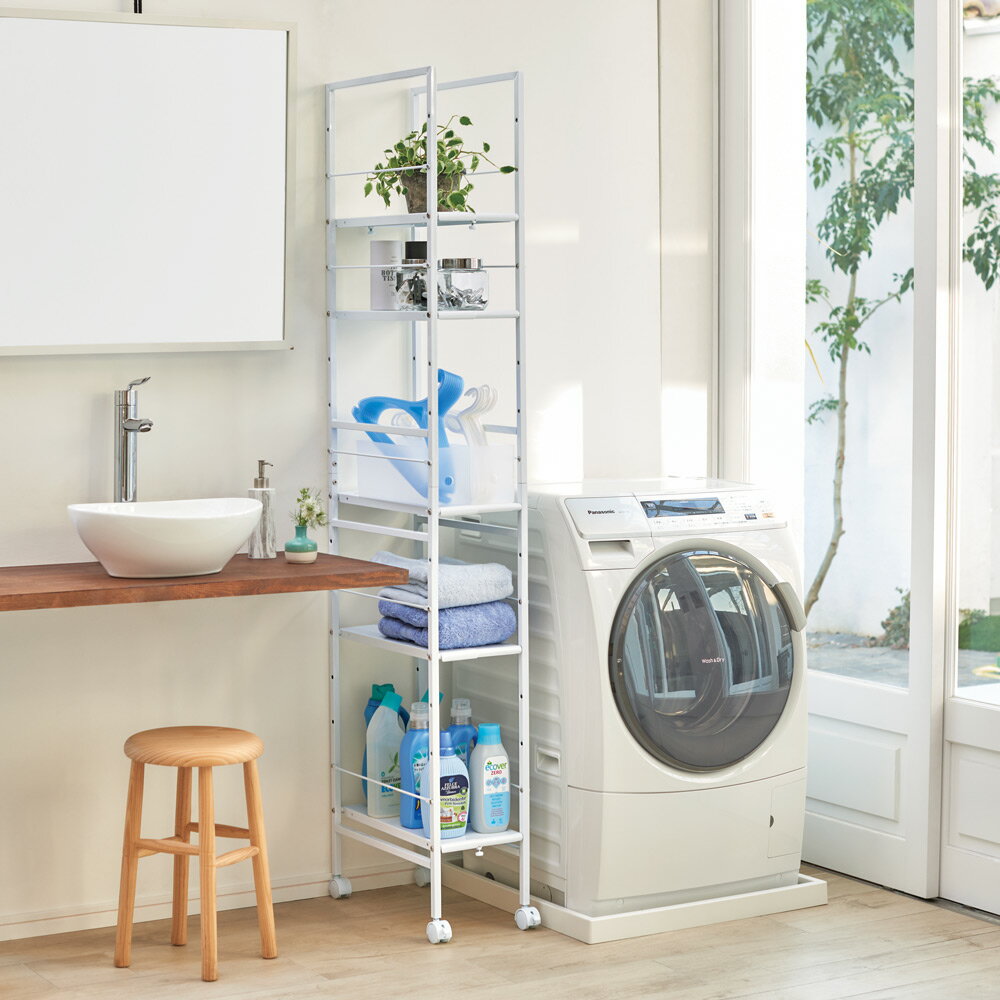 【クーポン最大5千円OFF 11/7迄】 幅が伸縮するすき間ラック スリムタイプ 幅17.5cm-26.5cm奥行49.5cm高さ180cm 洗面所収納 隙間収納 トイレ 洗面所 ランドリー収納 587404のサムネイル