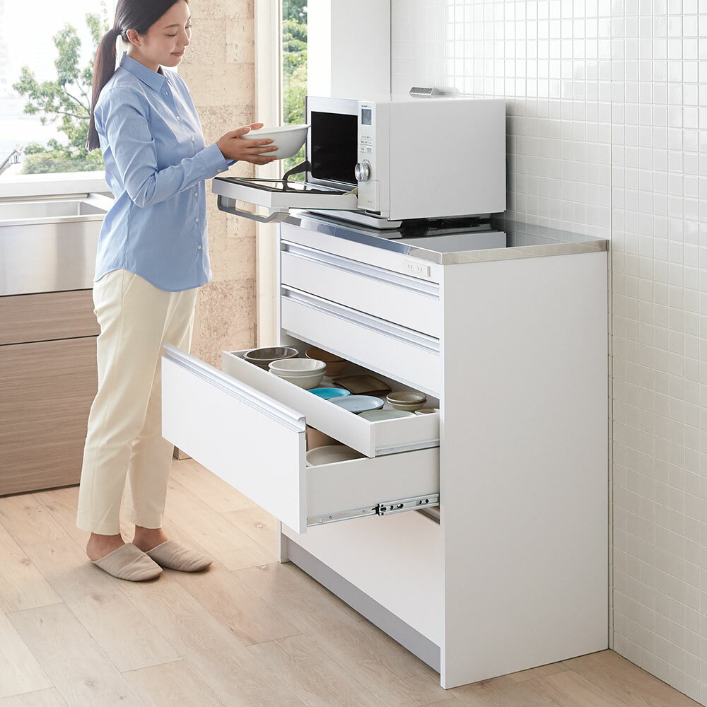 【クーポンで10%OFF！9/4 20:00〜23:59】食品ストッカー キッチン収納 コンセント キッチンストッカー 日本製 引き出し付き 家電収納 キッチン 食器棚 引き戸 引き扉 ステンレス 収納物を考えたステンレストップカウンター ハイタイプ（高さ97.5cm） 幅88.5cm 773218のサムネイル