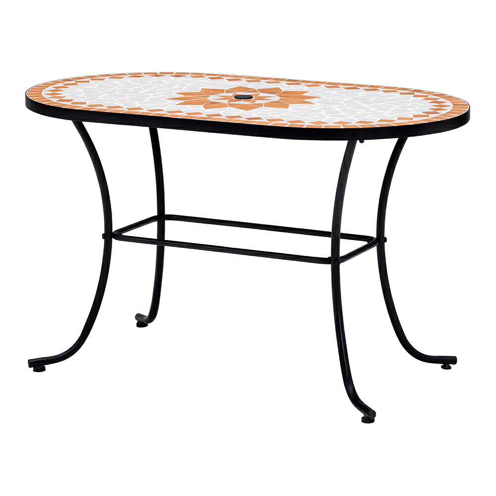 太陽をいっぱいに浴びて咲くひまわりをイメージさせるモザイクスタイル。ガーデンに明るくハッピーなアクセントを添えます。ページ下部に画像の説明がございます。一部別売りの商品もございますので、説明文ご確認のうえご注文ください。＞画像の説明はこちら＜仕様・サイズこの商品はセール品のため返品できません■フレームの色：ブラック■サイズ：幅120・奥行70・高さ72cm、パラソルホール径…4.2cm■重さ：38.4kg■素材：タイル・スチール（ポリエステル樹脂粉体塗装）■脚部アジャスター付き■中国製【組み立て時間約20分】【送料マーク：F】 梱包サイズが大きいため、お部屋まで搬入できない場合があります。ご注文の際は、必ず事前に梱包サイズと設置場所までの搬入導線（通路の幅・高さ等）をご確認ください。＞詳細な説明はこちら＜この商品の配送料は9000円(税込)です。※北海道・九州・沖縄は地域特別配送料がかかります。この商品は下記のサービスが選択できます。※組み立て・開梱サービスは日時指定ができません。お届け前に配送所より配達日時のご連絡をさせていただきます。※別途配送料金がかかります。有料組み立てサービス※開梱サービス付きについて有料開梱サービスについて　画像の説明アジャスターでガタ付き解消。　