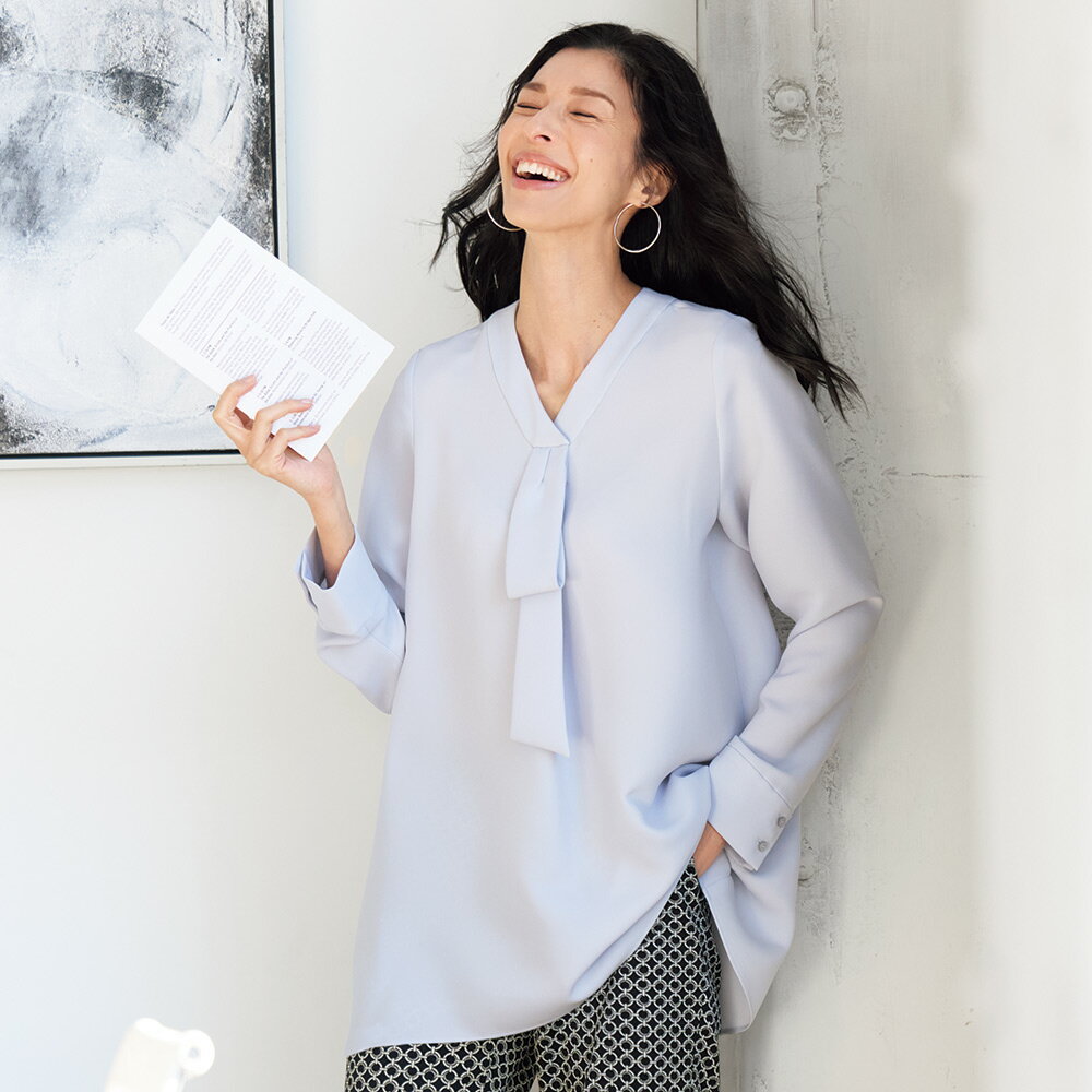 ダブルジョーゼット タイ付き チュニック 長袖 七分袖チュニック チュニック 163401 ＼LINE友だち登録でクーポン／