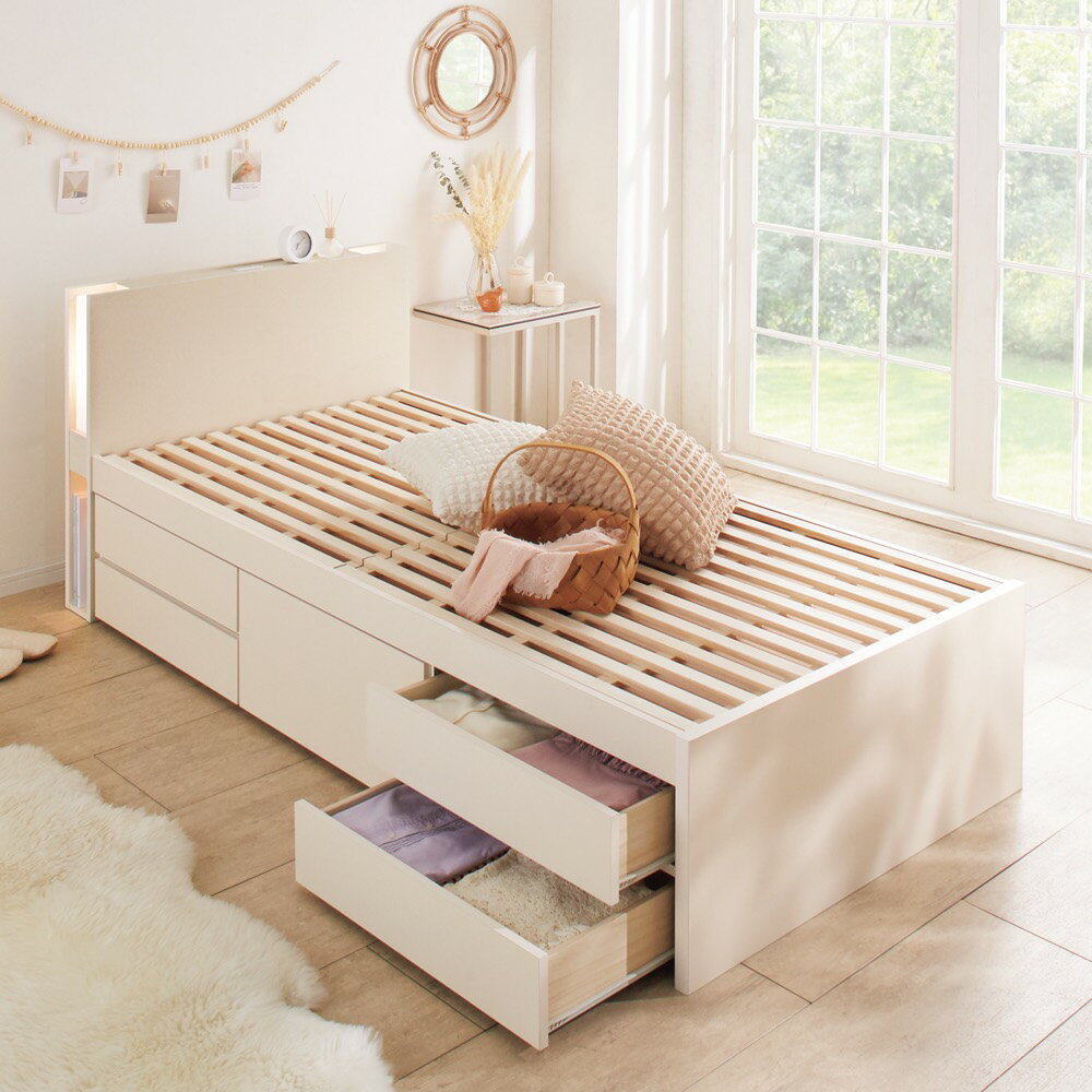 Rakuten - ≪セミダブル≫ 日本製の引き出しチェストベッド 引き出しすのこタイプ 照明・収納棚付き（フレームのみ） すのこベッド ベッド 640371 ＼LINE友だち登録でクーポン／