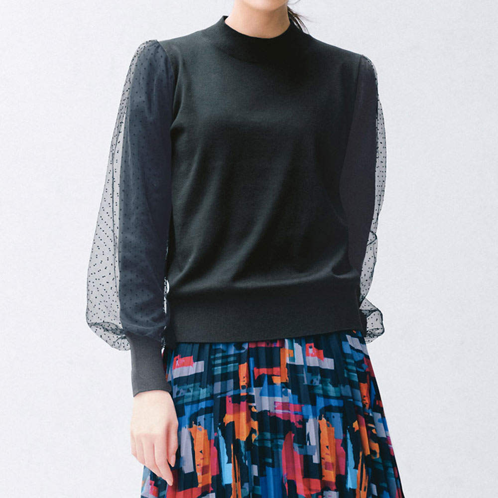 【クーポン配布 1月16日1：59迄】 ドットプリント チュールスリーブ ニットプルオーバー ニット セーター ファッション PC5418