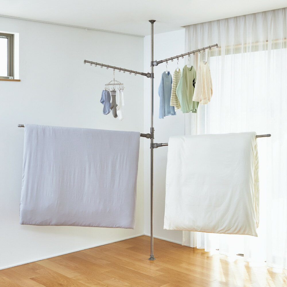 【クーポン最大5千円OFF 1/13迄】 「どこでもポール」ワンタッチつっぱり物干し アーム2本＋布団干し2本（室内用） 洗濯干し 伸縮 洗濯ポール 布団干し 洗濯用品 物干し 621805