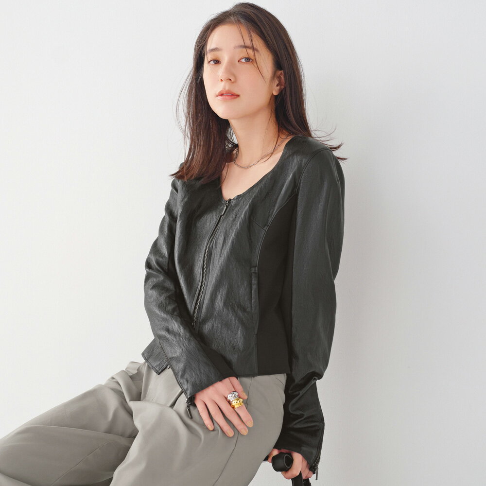 Rakuten - ジャージー切り替え フェイクレザー ジャケット サステナブル 172501 ＼LINE友だち登録でクーポン／