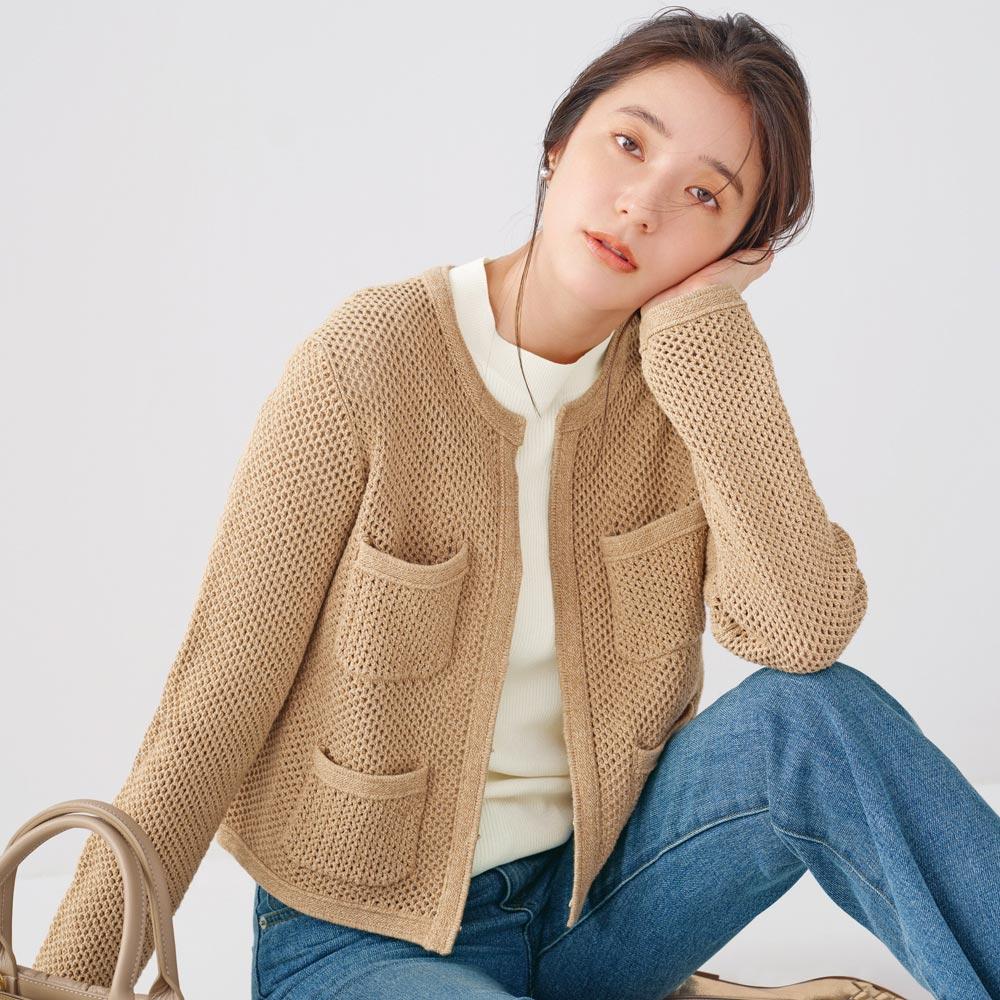 樂天商城 - 【クーポン10％OFF 5/16迄】 BCIコットン メッシュ編み ジャケット風カーディガン ニットジャケット ニットコート ニット セーター 172403 ＼LINE友だち登録でクーポン／