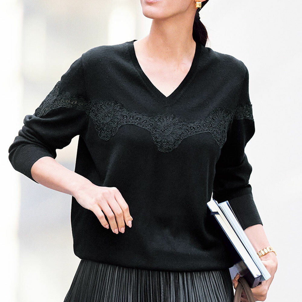 【クーポン配布 11月27日1：59迄】 フランスレース使い Vネック ニットプルオーバー ニット セーター ..