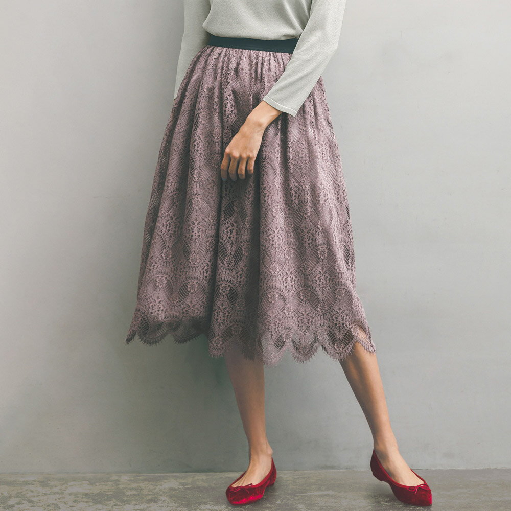 【クーポン配布 11月27日1：59迄】 ラッセルレース スカラップ使い スカート プリント 柄スカート スカ..