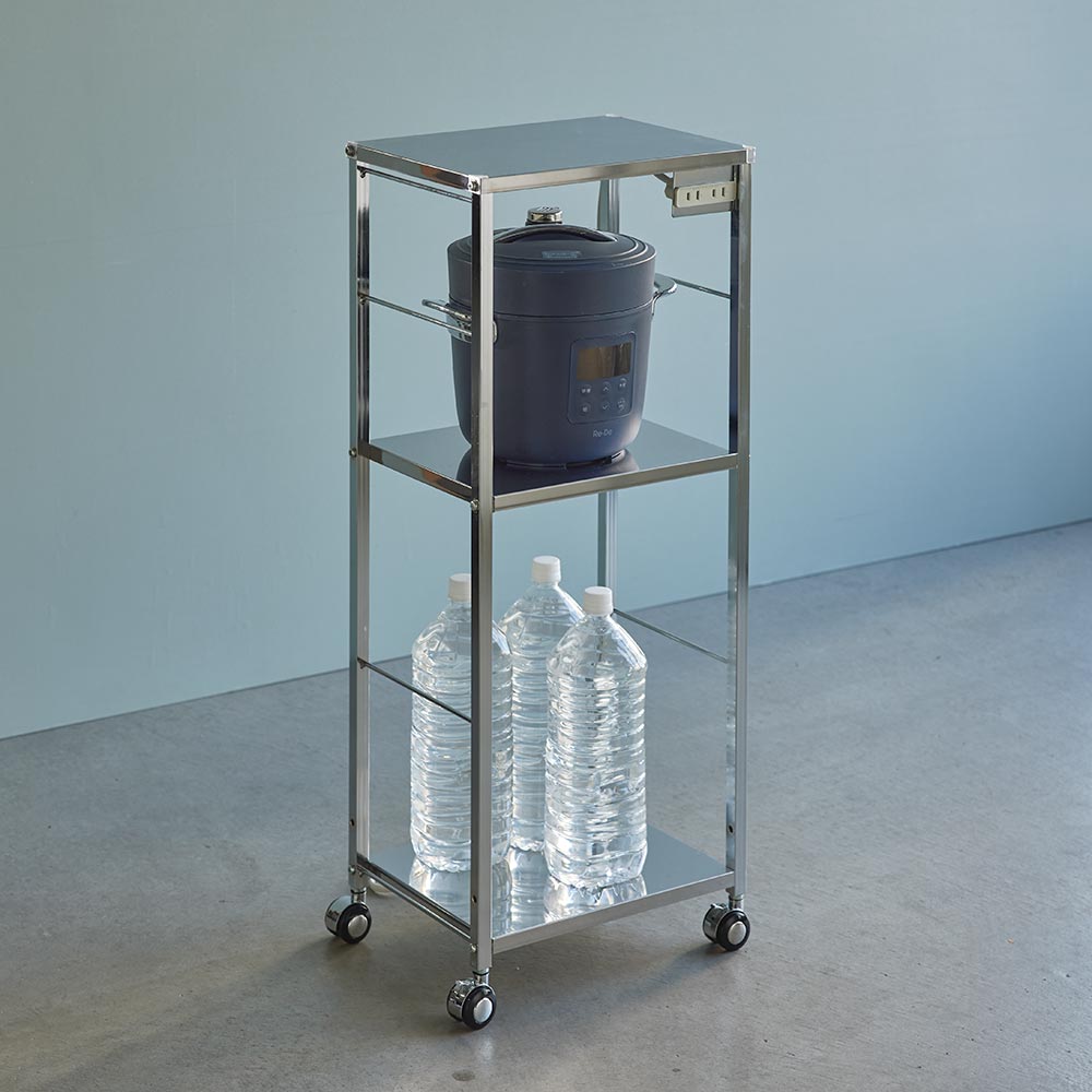 【クーポン10％OFF 11/15限定】 作業スペースが拡張できるステンレスキッチンワゴン コンセント付き幅3..