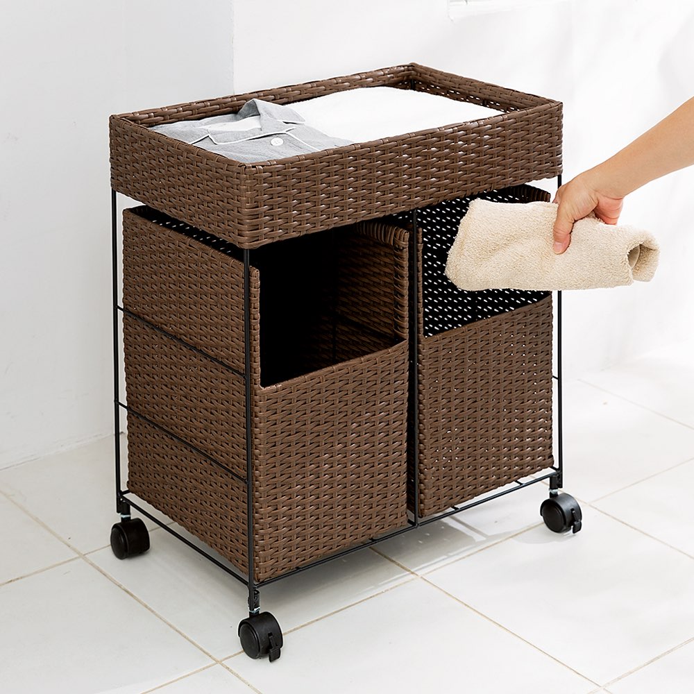 家具 収納 トイレ収納 洗面所収納 ランドリーボックス ランドリーバスケット 2分別（ラタン風分別ランドリーバスケット） 723107のサムネイル