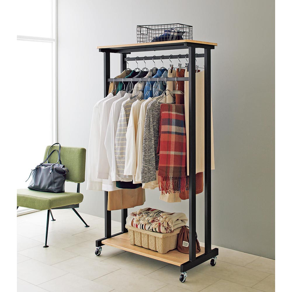 HS Brooklyn/エイチエスブルックリン 上下棚付頑丈ハンガー ダブル 幅90 旅行バッグ ハンガーラック パ..