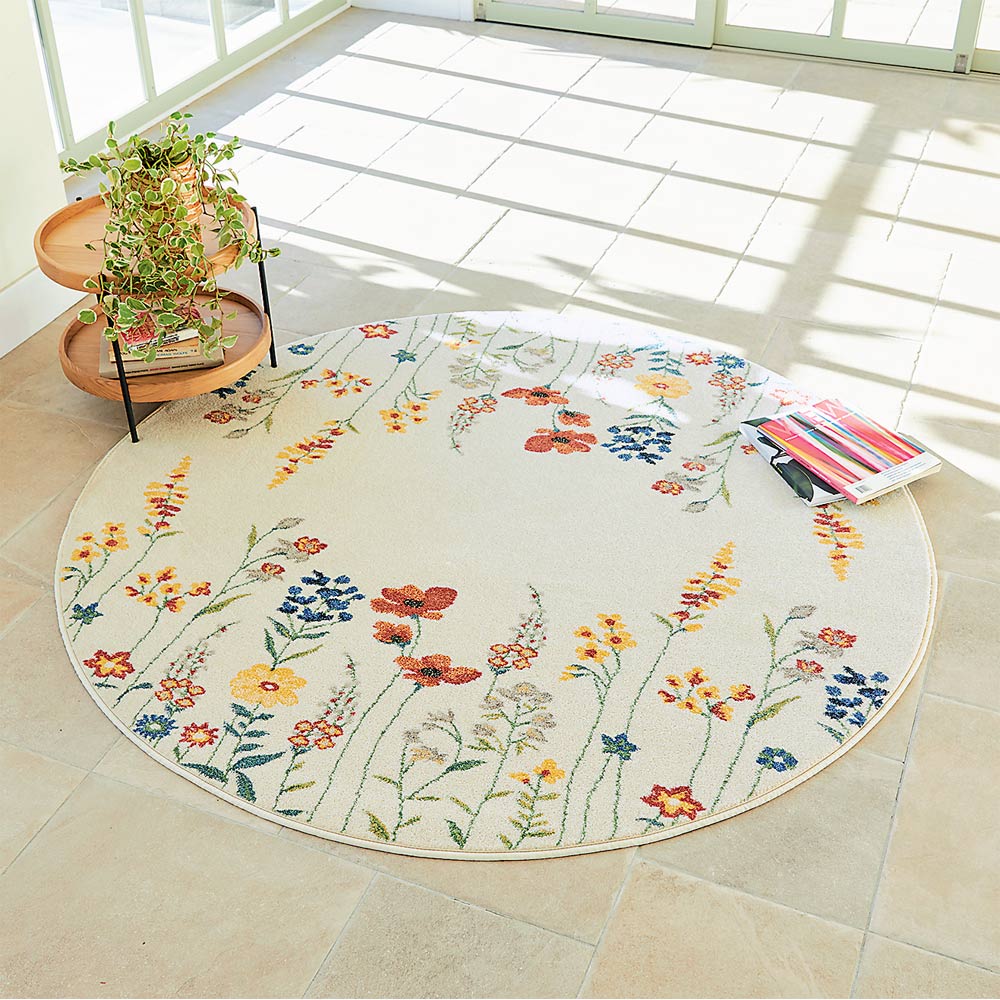 ≪円形・約径120cm≫ ベルギー製ウィルトン織 花柄ラグ 円形ラグ カーペット ラグ マット 625805 ＼LINE友だち登録でクーポン／