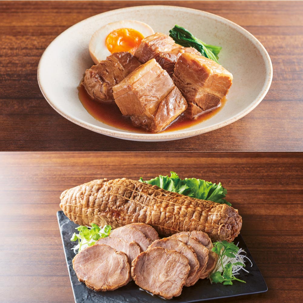 【豚角煮】こだわりの角煮は箸でも切れるほど柔らかく仕上がっています。千葉県産の豚バラを使用し、地元老舗のちば醤油の下総醤油を醤油全体の約20％配合しており、上品でまろやなか風味を醸し出しています。また、じっくりと2回に分け最初の30分は高温で、残りの60分はじっくりコトコト煮込んでいます。【チャーシュー】こだわりのチャーシューは実際にラーメン屋さんでも使われているもので、本格的な味わいです。千葉県産の豚肩ロースを使用し、地元老舗のちば醤油の下総醤油を醤油全体の約20％配合しており、上品でまろやなか風味を醸し出しています。また、じっくりと2回に分け約2時間煮込んでいるため、柔らかく食べやすいチャーシューに仕上げてあります。ページ下部に画像の説明がございます。一部別売りの商品もございますので、説明文ご確認のうえご注文ください。＞画像の説明はこちら＜仕様・サイズ■内容量：豚角煮200g×3袋、本格チャーシュー600g×1本■原材料名：下記「原材料等の詳細はコチラから」のリンクをご参照ください。※食品表示情報の掲載内容につきましては、お手元に届きました商品の容器包装の表示を必ずご確認いただきますようお願いします。■賞味期間：冷凍1年■製造加工：日本■原料原産地：豚肉（千葉県）、醤油（千葉県製造）■アレルギー表示対象品目：小麦・卵・乳成分・大豆・豚肉■お召し上がり方：沸騰したお湯に袋のまま入れて温めてお召し上がりください。【ご注意ください！】※商品の性質上、キャンセル・交換・返品はできません。※写真は調理例・盛り付け例になります。■《配送》 1〜2週間配送■原材料等の詳細はコチラから上記PDFです。閲覧にはAdobe ReaderまたはAcrobat Readerが必要です。一部商品ではご確認いただけない場合がございます。【冷凍・冷蔵配送】【産地直送】産地もしくはメーカー等より直接のお届けとなるため、発送時にメールでのお知らせのない商品です。 この商品の販売価格には配送料1080円(税込)が含まれています。　画像の説明（上）豚角煮　（下）本格チャーシュー豚角煮3袋・本格チャーシュー1本セット【盛り付け例】豚角煮（※1袋・200gを盛り付けています）【盛り付け例】本格チャーシュー　