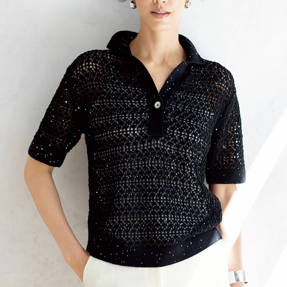 リネンコットンスパンコール糸 透かし編みプルオーバー シャツ ブラウス ファッション PC5532 ＼LINE友だち登録でクーポン／