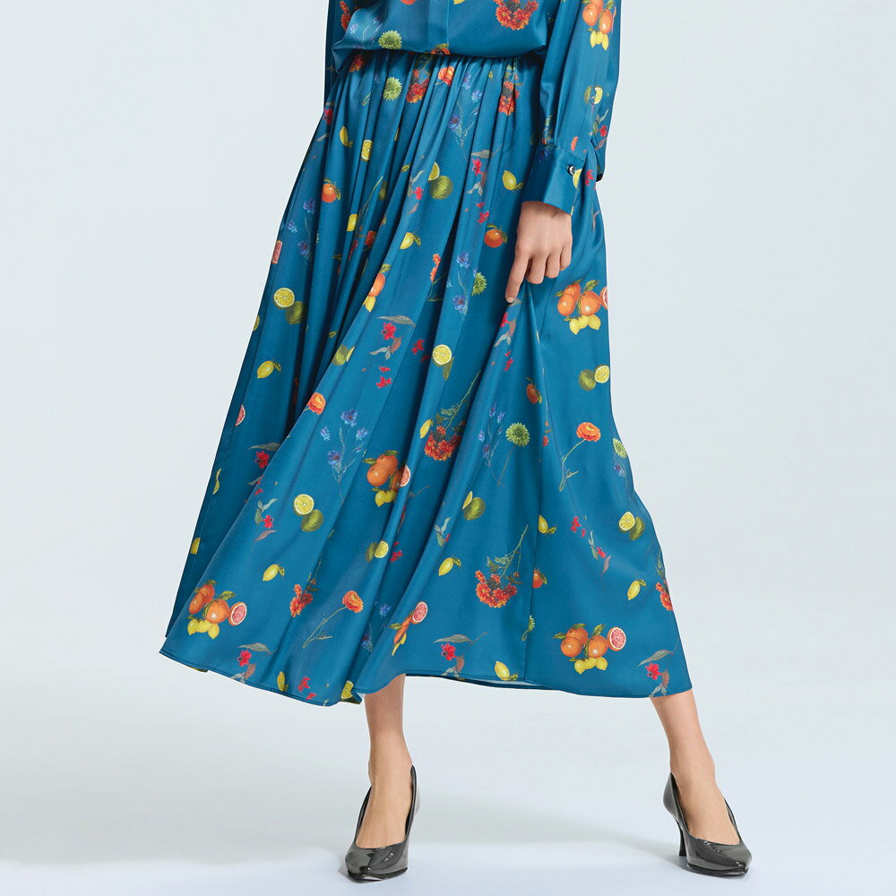 【クーポン配布 3/11 1：59迄】 ボタニカルフルーツ サテン タックギャザー スカート プリント 柄スカート スカート 147502 ＼LINE友だち登録でクーポン／