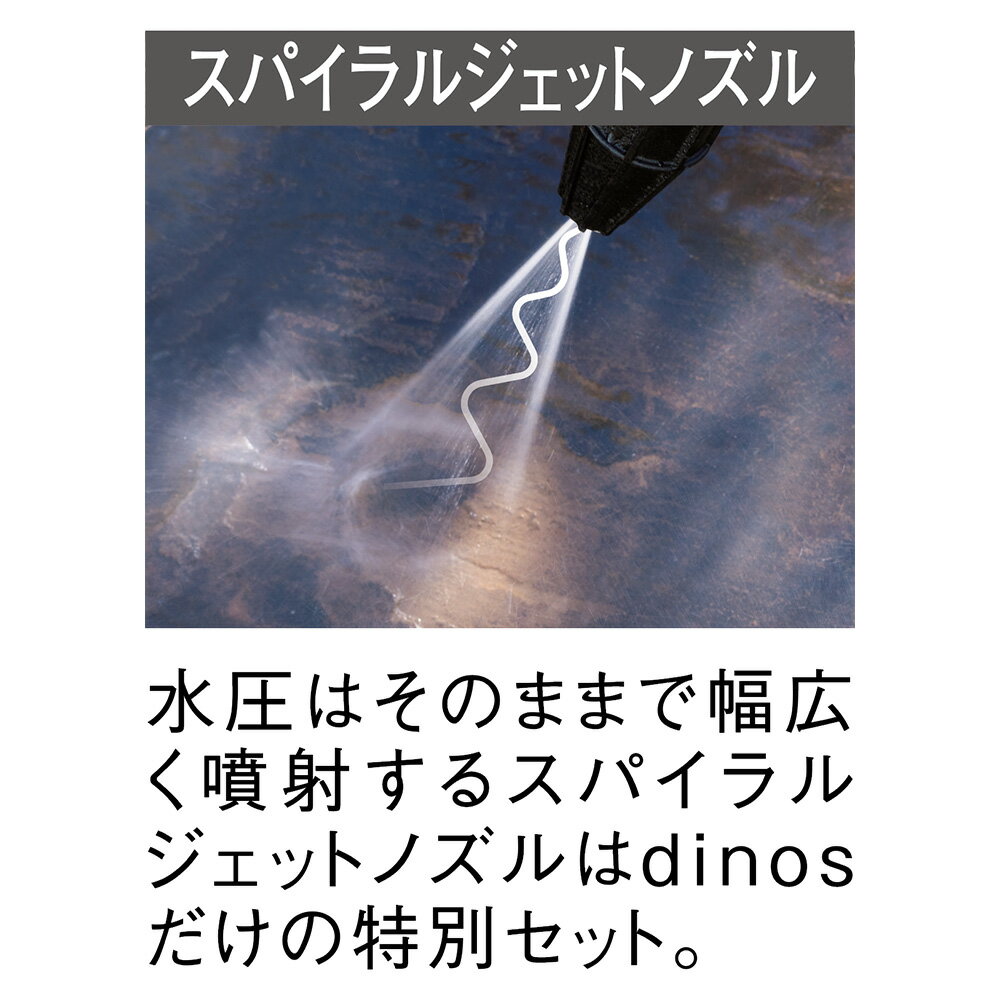 ◎ディノスだけの限定ノズル「スパイラルジェットノズル」。水圧はそのまま螺旋状に噴出することで、広範囲を一気にお掃除。効率よく、時短で汚れが落とせます。
