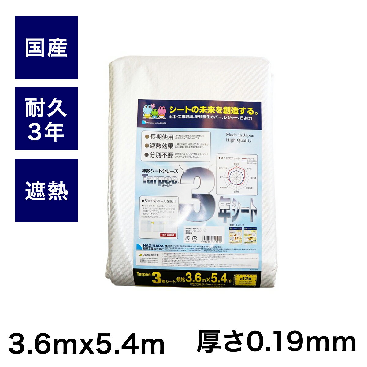 防水シート 遮熱 耐久3年 国産 3.6mx5.4m Pホワ