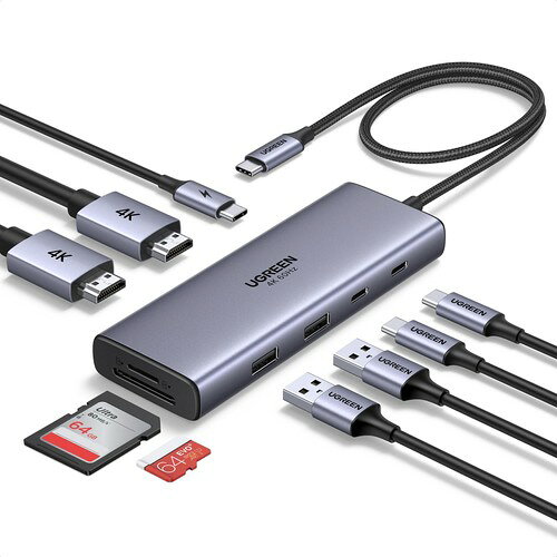 UGREEN 9in1 USB-Cハブ 2つの4K60Hz HDMI対応 5Gbpsデータ転送 100W PD給電 SD/TFカードリーダー 40cm 2画面出力