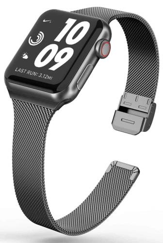 MaKTechミラネーゼメッシュステンレススチールナローバンドプッシュボタン付きと互換性があるApple Watch Series 10/9/Ultra 2/SE/8/7[2024] (46mm/45mm/44/49mm,ブラック)