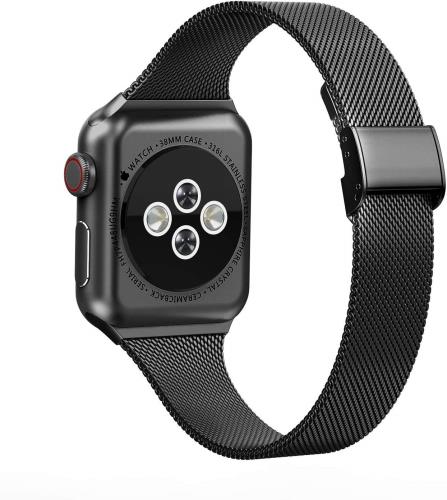 MaKTechミラネーゼメッシュステンレススチールナローバンドプッシュボタン付きと互換性があるApple Watch Series 10/9/Ultra 2/SE/8/7[2024] (46mm/45mm/44/49mm,ブラック)