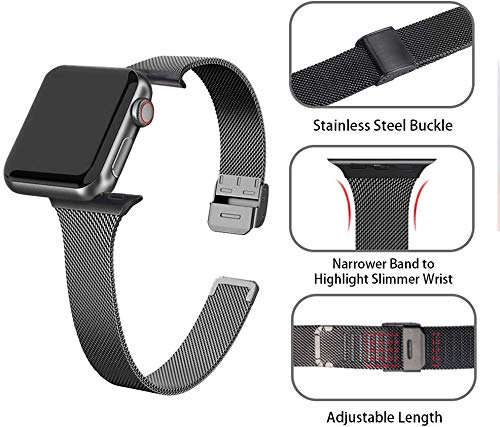 MaKTechミラネーゼメッシュステンレススチールナローバンドプッシュボタン付きと互換性があるApple Watch Series 10/9/Ultra 2/SE/8/7[2024] (46mm/45mm/44/49mm,ブラック)