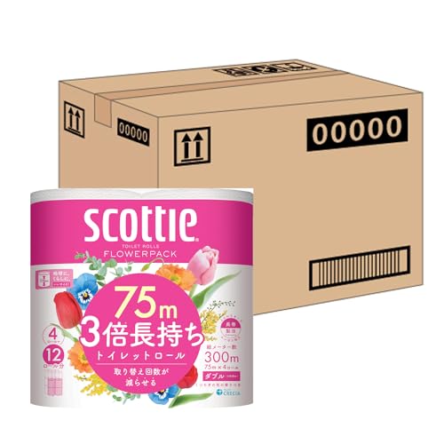 スコッティ ケース販売 フラワーパック 3倍長持ち トイレットホワイト 4ロール 75mダブル ×12パック入り