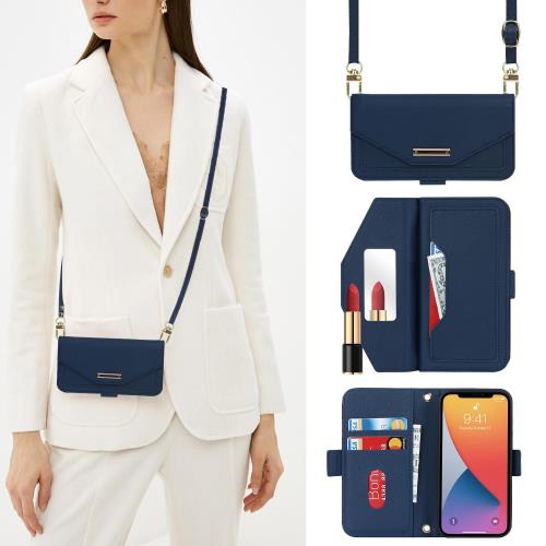 Hamany いphone12 ミニ ケース ショルダー 鏡 iphone 12 mini ケース 手帳型 ストラップ付き ミラー カード収納 財布 アイホン12ミニケース クロスボディケース 肩がけ 耐衝撃 レザー スマホケース iphone 12mini カバー -青