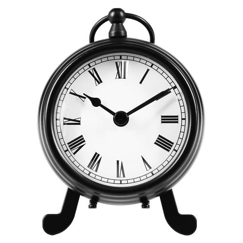 ベスタイム(BESTIME) AM-07 黒い金属製の卓上時計で、小さくて精巧であり、白い文字盤と黒い数字が読み..