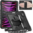 Timecity iPad Pro 12.9 ケース 第6/5/4/3世代 耐衝撃 落下防止 360°回転スタンド 保護フィルム ハンド&ショルダーストラップ ペン収納付き キズ防止 頑丈 子供 工事現場 防塵 iPad Pro 12.9インチ (2022/ 2021/ 2020/ 2018) 保護カバー (プラック)
