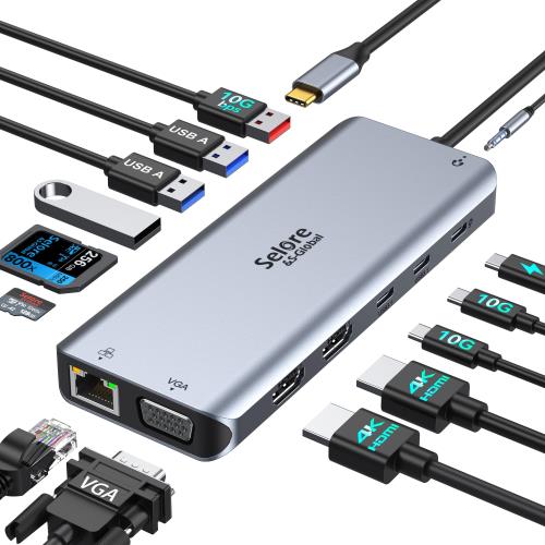 Selore USB C ドッキングステーション hdmi 2つ type-c usb ハブ14-in-1 3画面モード 2 HDMI＋VGA トリプルディスプレイ対応 10Gbps データ転送 100W PD急速充電 デュアル 4K HDM/VGA/USB A/USB C ポート/RJ-45 /SDTFカードスロット搭載 macOS/iPadOS/Windowsデバイス等対応
