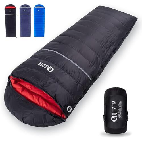 QEZER 寝袋 冬用封筒型シュラフ 軽量高級ダウン シュラフ 500g～1200gダウン充填 400T撥水加工 羽毛寝袋 コンパクト 足が出せる 全開可能 キャンプ 登山 車中泊 防災用
