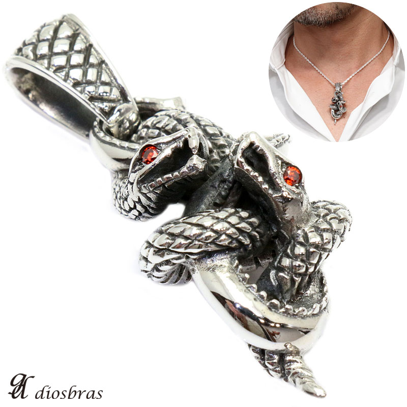 ペンダント トップ ダブル スカル スネーク 蛇 ジルコニア 骸骨 ヘビ ブラック 十字架 ゴシック シルバー925ペンダント ペンダント トップ シルバー 9...