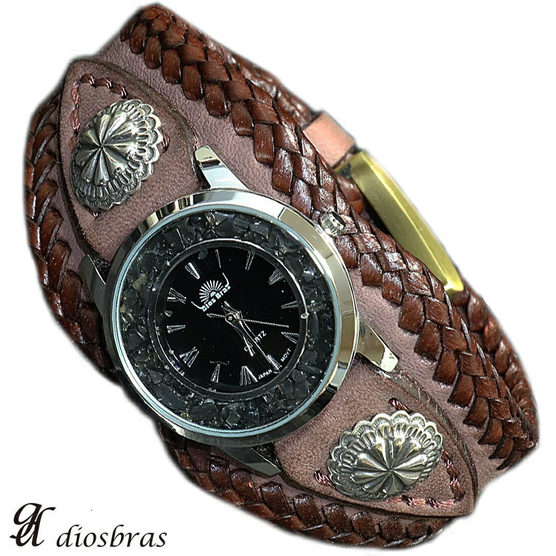 diosbras-ディオブラス- 本革サドルレザー バイカーズウォッチ 牛革時計 Mサイズ ターコイズ コンチョ シルバー925 ヌメ革 レザーウォッチ ブラウン SA