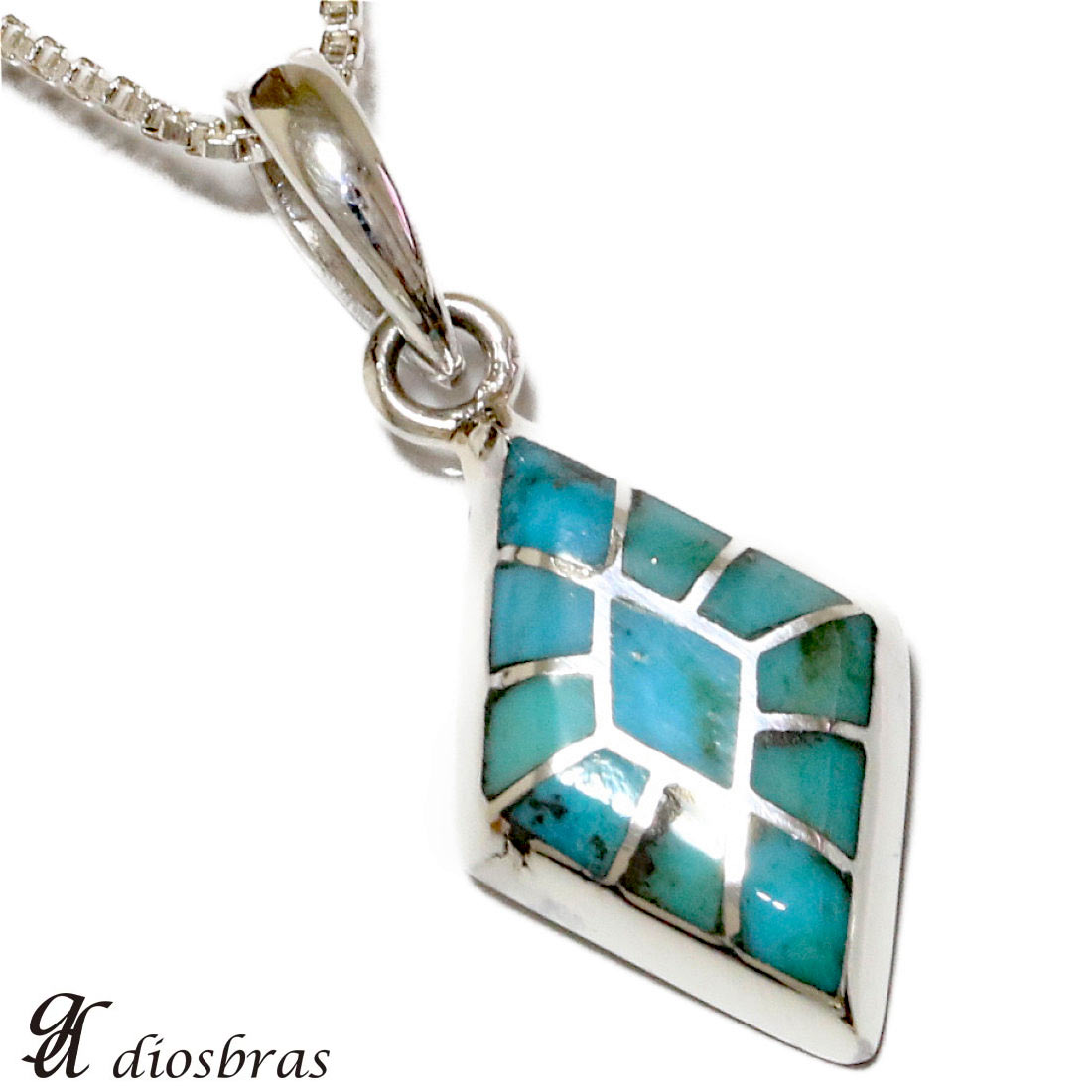インレイ ペンダント トップ 美しいインレイワークのペンダント ターコイズ をはめ込んだスクエアペンダント ひし形 トルコ石 天然ターコイズ ネイティブアメリカン インディアンジュエリー シルバー925 ネックレス メンズ レディース メール便なら送料無料のサムネイル
