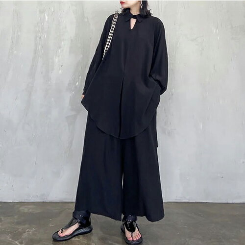 ビッグシルエット ルーズ 長袖 シャツ ワイドパンツ 2ピース セットアップ《ブラック》のサムネイル