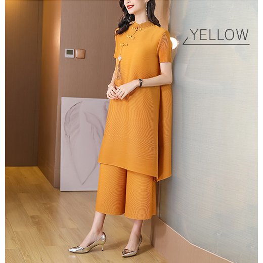 カラフル プリーツ チャイナ襟 半袖 チュニックワンピース ワイドパンツ 2ピース セットアップ《全6色》