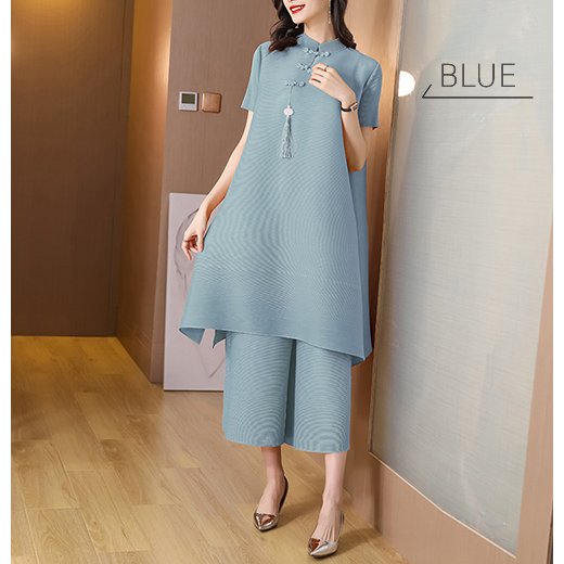 カラフル プリーツ チャイナ襟 半袖 チュニックワンピース ワイドパンツ 2ピース セットアップ《全6色》