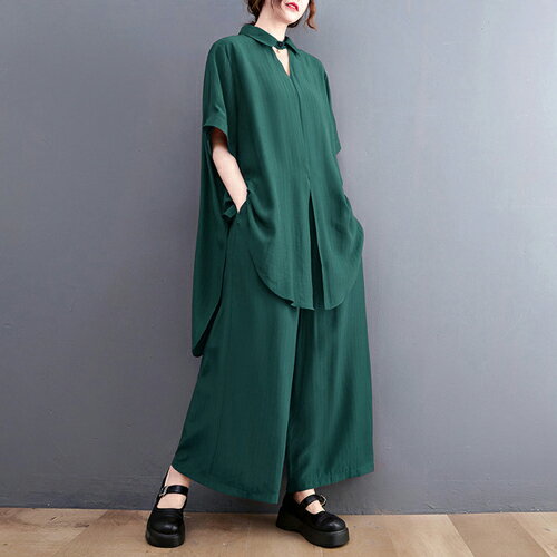 ビッグシルエット ルーズ 半袖 シャツ ワイドパンツ 2ピース セットアップ《ブラック/グリーン/レッド》