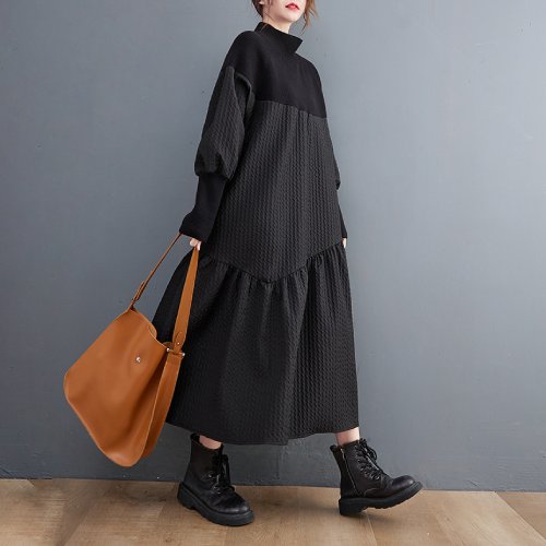 ハイネック ニット 切り替え 長袖 ロング ワンピース