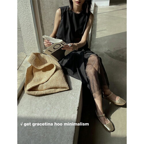 チュール レイヤード スリット アシンメトリー カットアウト ノースリーブ ロング ワンピース 《ブラック/アイボリー/グレー》