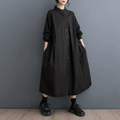 スタンドカラー ハイネック サイド切り替え 長袖 ロング シャツ ワンピース《ブラック》
