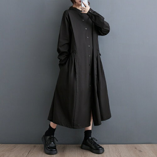 スタンドカラー ハイネック サイド切り替え 長袖 ロング シャツ ワンピース《ブラック》