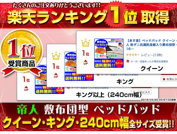 帝人 敷きパッド クイーン ベッドパッド 送料無料帝人 防ダニ抗菌防臭綿入り敷布団型 ベッドパッドクイーン 160×200cm中わた超増量 通常の3倍入ボックスシーツ 併用 敷布団タイプ 敷きパット【★★】