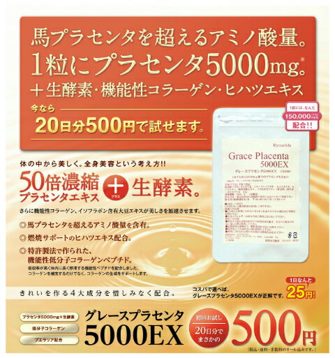 1粒にプラセンタ5000mg、生酵素・コラーゲン、燃焼サポート成分ヒハツも配合。お試し20日分500円。馬プラセンタを超えるアミノ酸。送料無料。お一人様1回限り。メール便（ネコポス又はクリックポスト）でのお届け 。お試し品のため代引決済不可。10P03Dec16