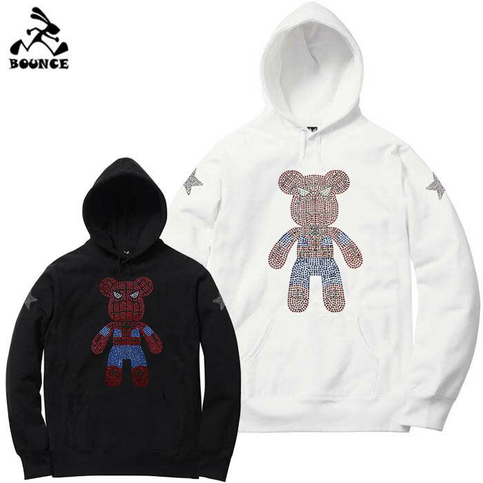 BOUNCE バウンス SPIDER BEAR スパイダークマ ラインストーンロゴ ブラック ホワイト フードパーカー 綿100% スウェットメンズ トップス かっこいい おしゃれ 人気 ブランド 大きい ビッグサイズ ストリート系 ITALY