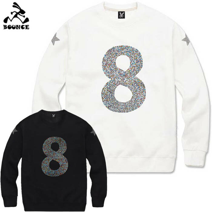 BOUNCE バウンス STAR マルチ8番 ラインストーンロゴ 綿100% 10.0oz ホワイト/ブラック オリジナル メンズ トレ−ナー 秋/冬 おしゃれ スウェット 大きい サイズ ストリート系 ITALY