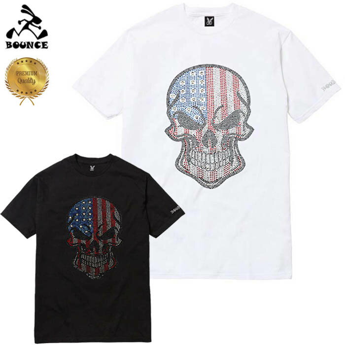 BOUNCE バウンス USA SKULL アメリカドクロ ラインストーンロゴ PREMIUM 半袖 綿100% メンズTシャツ トップス かっこいい おしゃれ 人気 ブランド 大きい ビッグサイズ ストリート系 ITALY