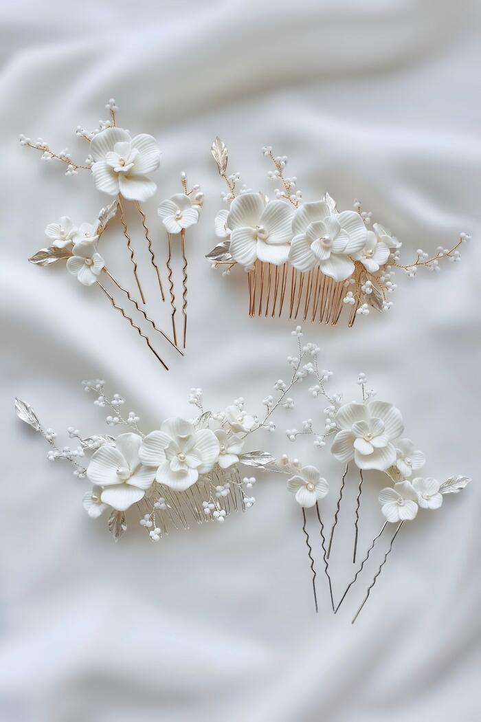 ヘッドドレス パール 花 ゴールド シルバー フラワー 髪飾り 大ぶり リーフ ヘアコーム セット ウェデ..