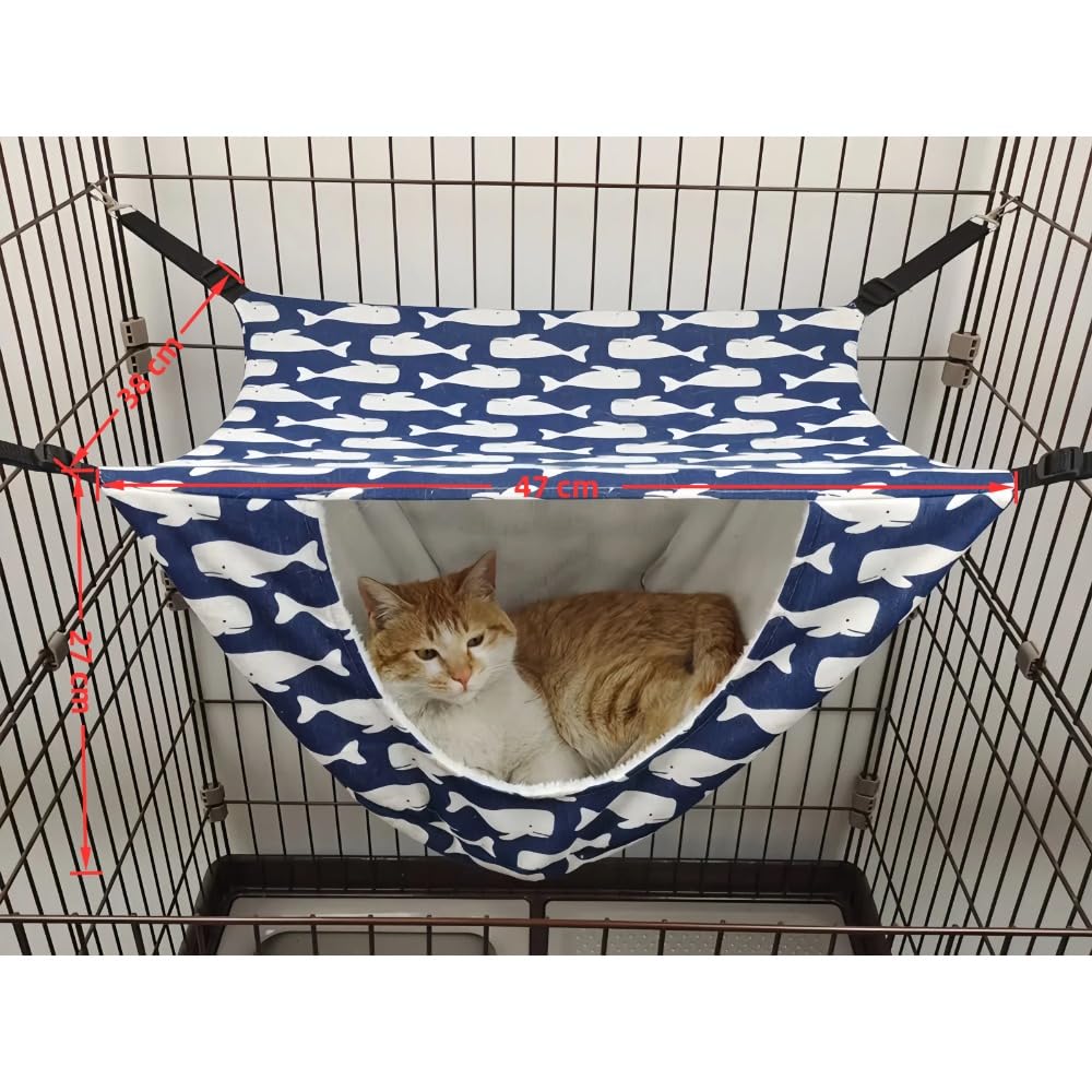 猫 ハンモック ペットベッド 多色 小動物柄 柔らかい 人気 耐久性 おしゃれ 通気性 椅子 ケージ用 ヒモ調整可能 ペット ベッド ねこハンモック ケージ用 金具丈夫 冬夏両用 ブルー (ホワイト)