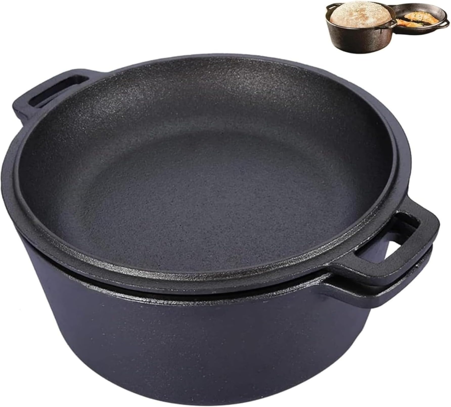 2 In 1 味付け済み鋳鉄 ダブルダッチオーブン クロックポット コンボクッカー ハンドル付き スキレット..
